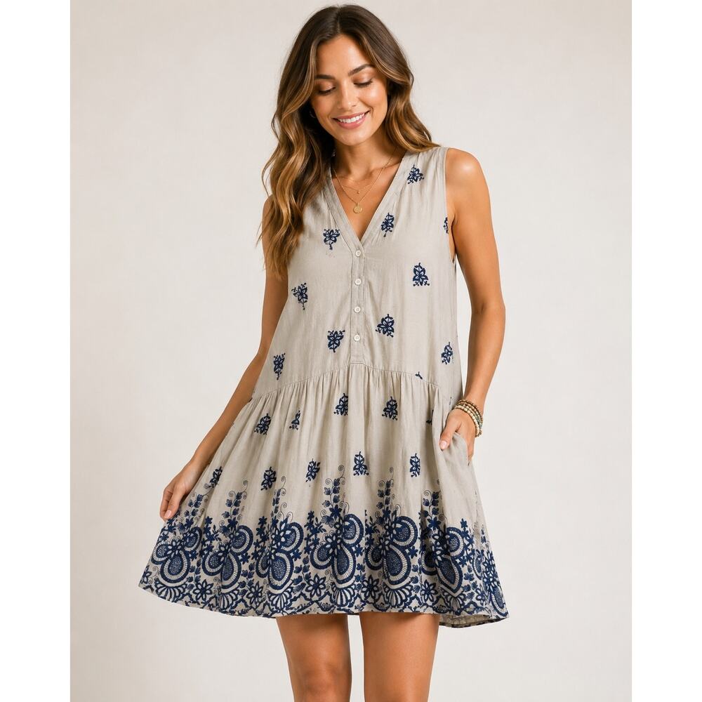 Umgee Embroidered Sleeveless Boho Mini Dress Sage Green Blue Floral Medium